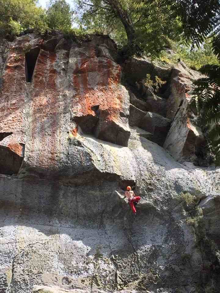 Climber on overhanging rock face with bush above