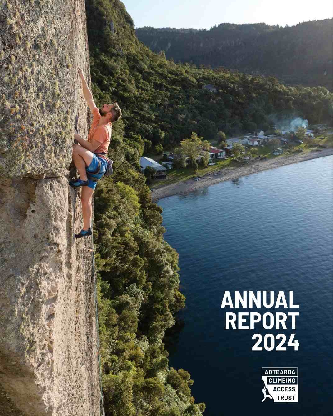 Climber on route with text "annual report 2024 aotearoa climbing access trust"